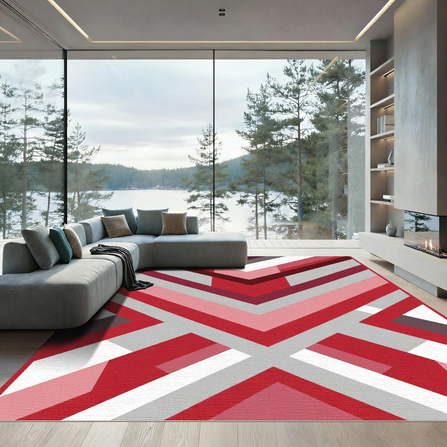 Modern Red Geometric Chevron Stripe Rug