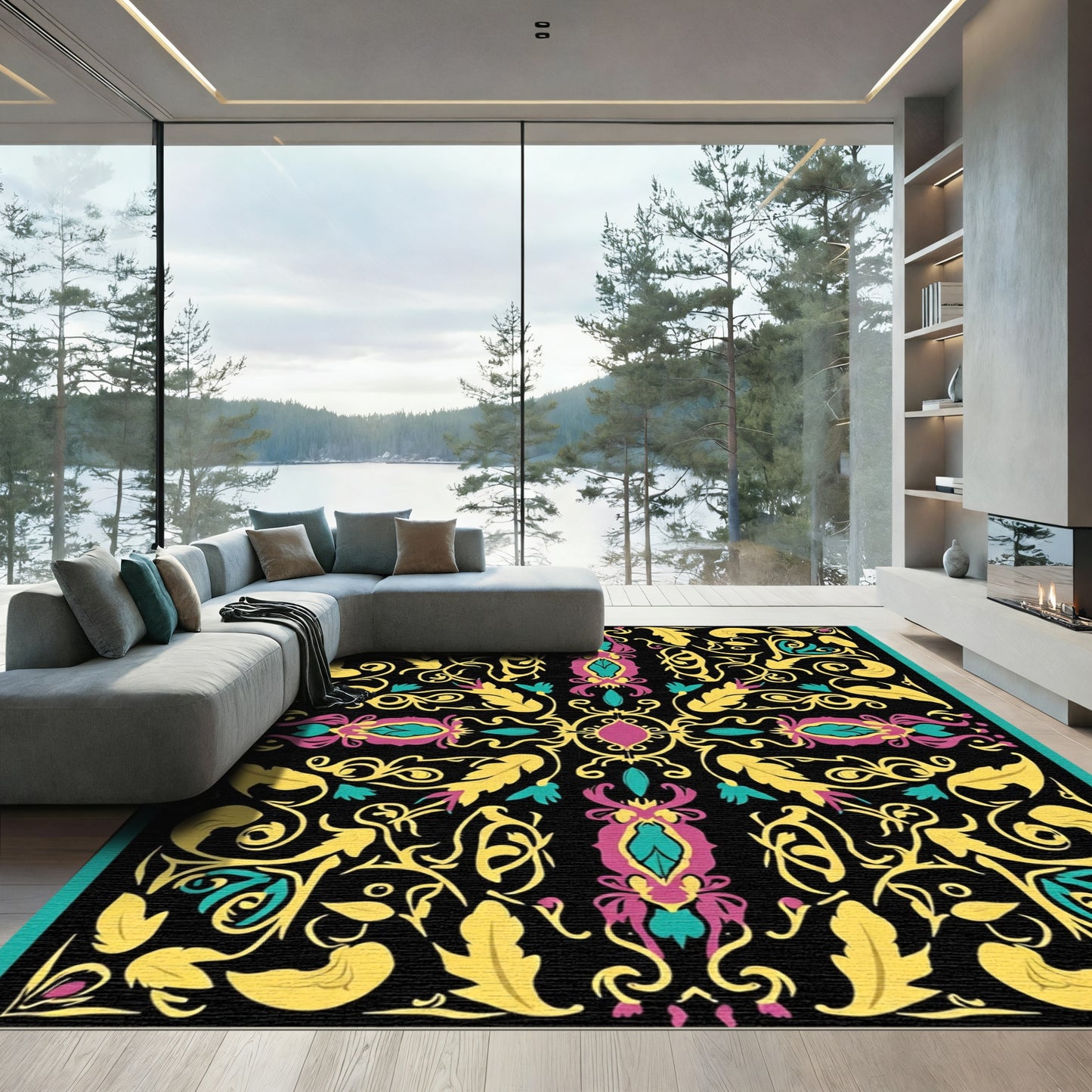 Vibrant Magenta Teal Yellow Floral Scroll Rug