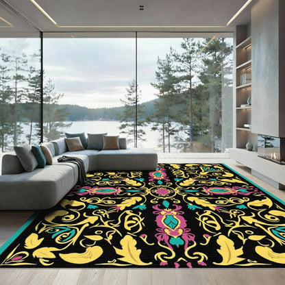 Vibrant Magenta Teal Yellow Floral Scroll Rug
