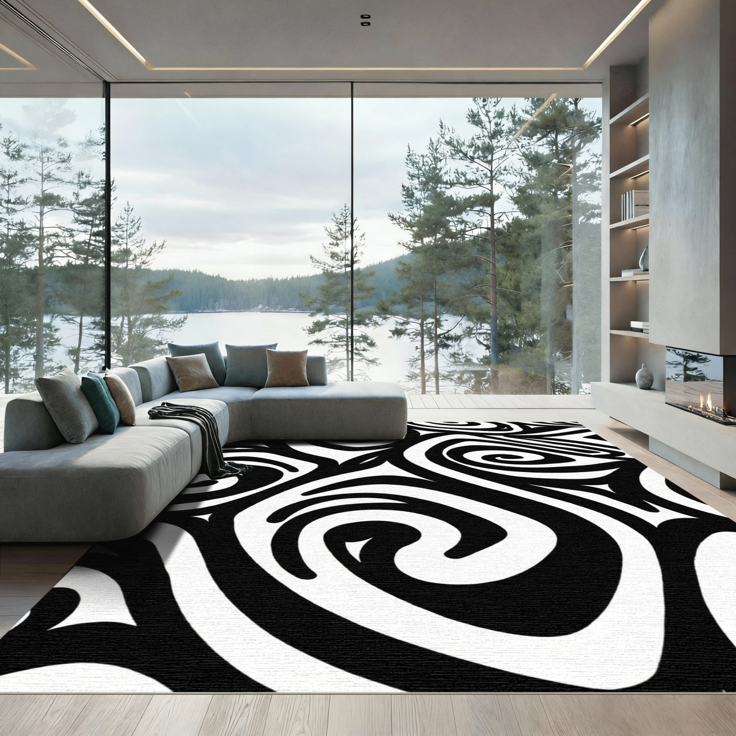 Black White Abstract Swirl Rug