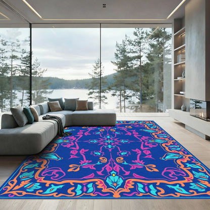 Vibrant Floral Border Indigo Rug