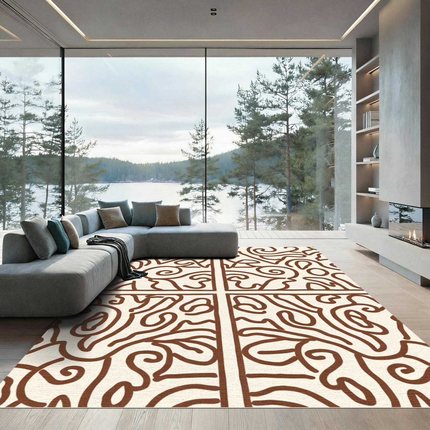 Brown Cream Abstract Curled Line Art Rug
