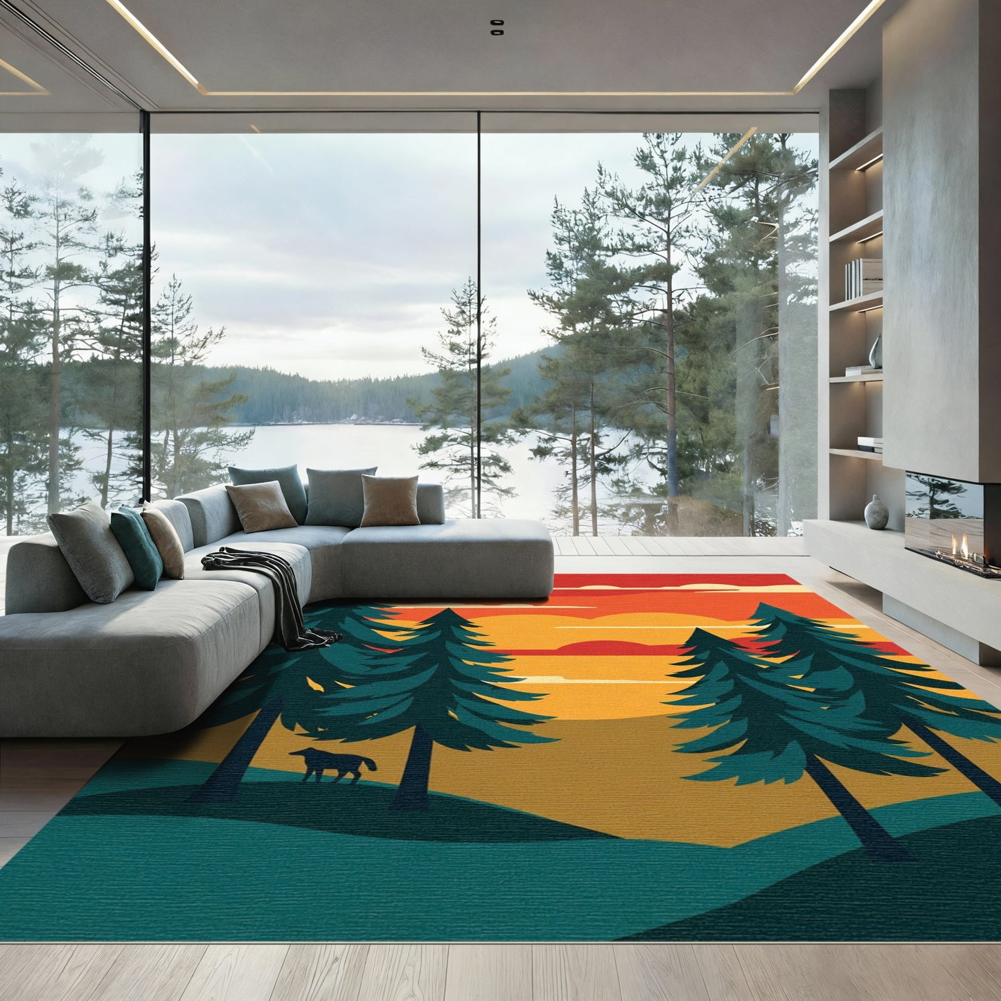 Sunset Pine Forest Animals Rug