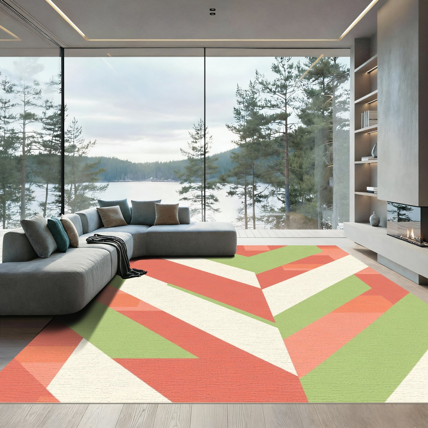 Coral Green Chevron Blocks Rug