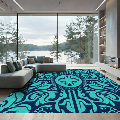 Deep Teal Baroque Scrollwork Medallion Rug