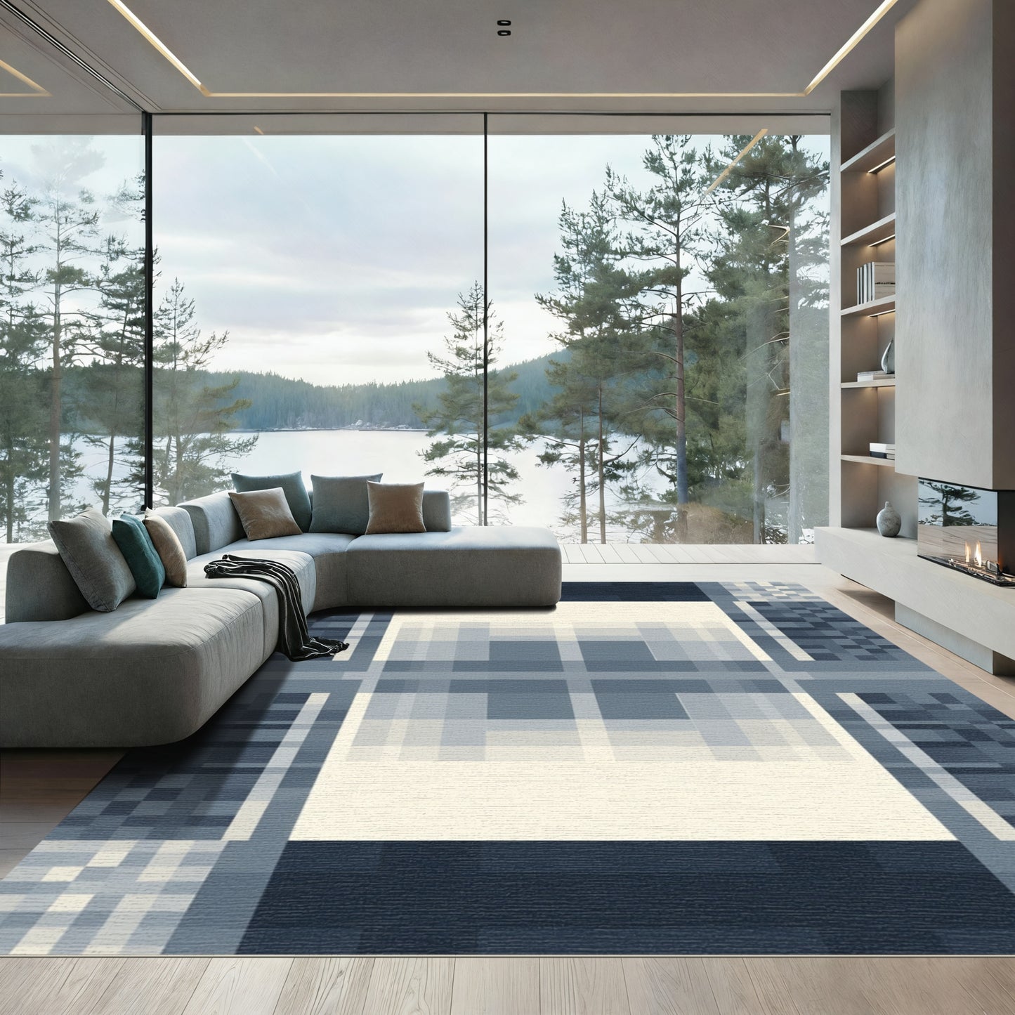 Dusky Navy Geometric Pixel Patchwork Rug