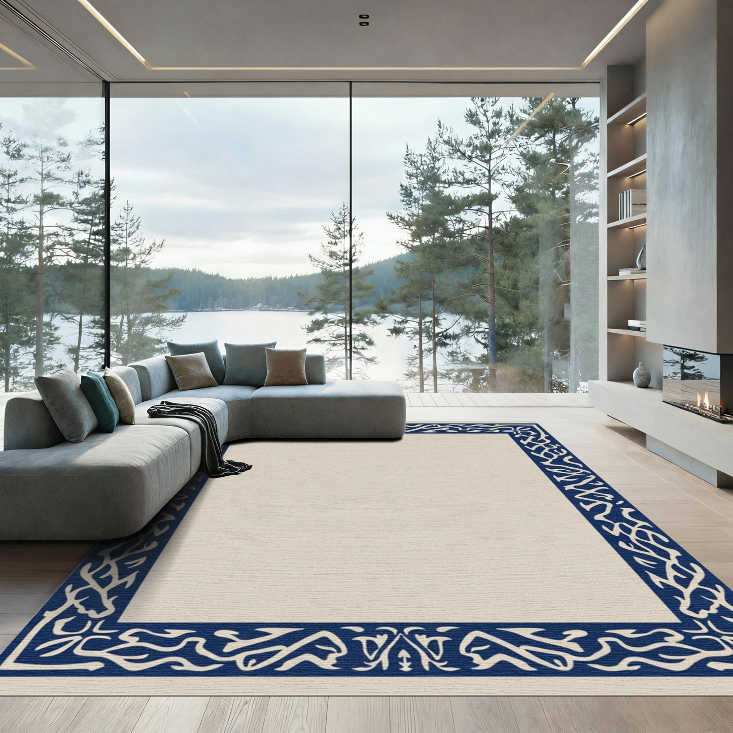 Deep Blue Abstract Vine Border Rug