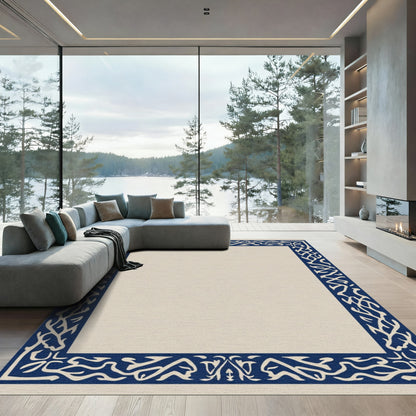 Deep Blue Abstract Vine Border Rug