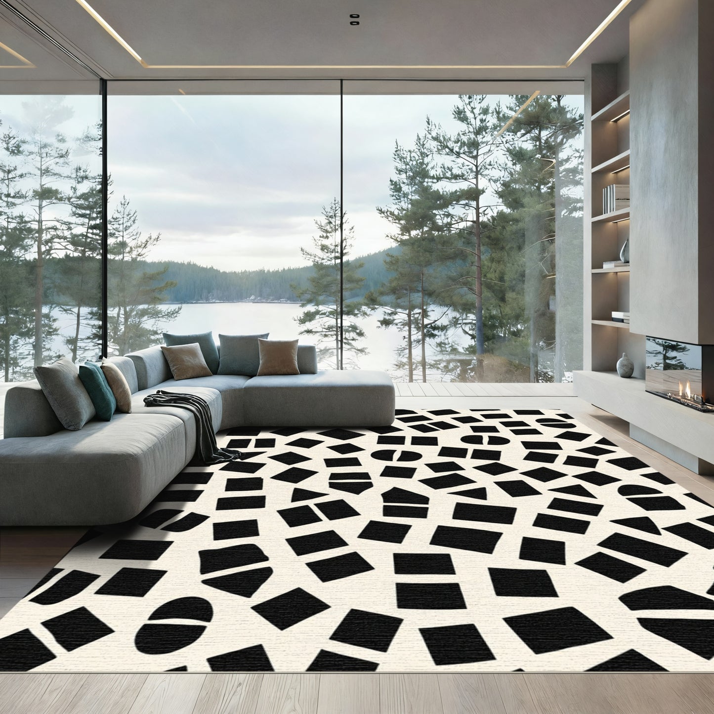 Modern Black Geometric Shapes Scatter Rug