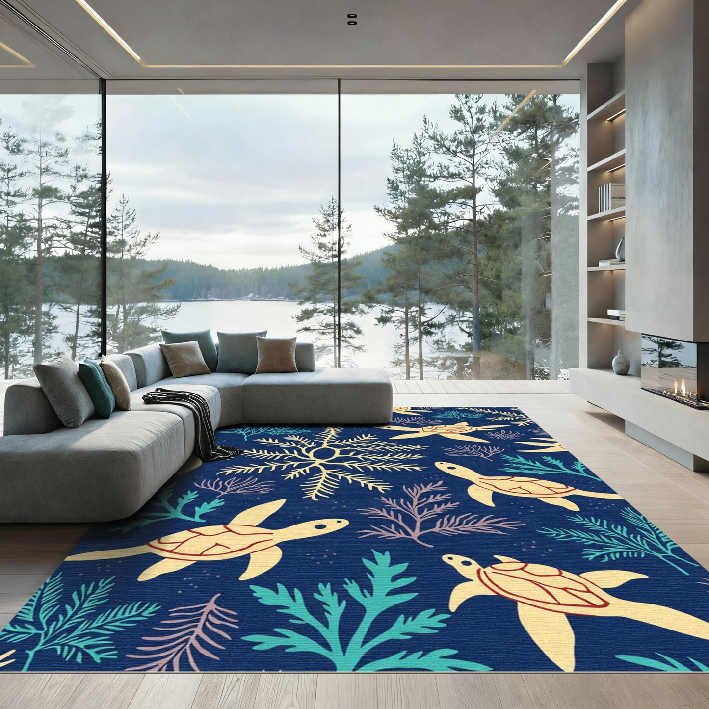 Yellow Sea Turtle Coral Navy Rug