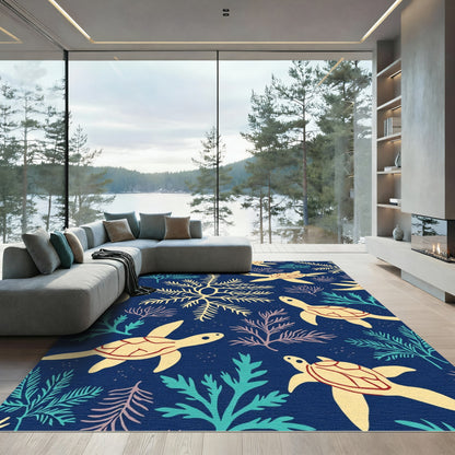 Yellow Sea Turtle Coral Navy Rug