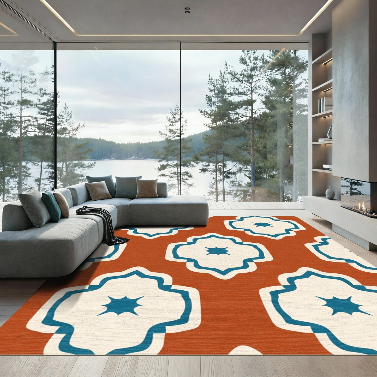 Terracotta Blue Quatrefoil Star Rug