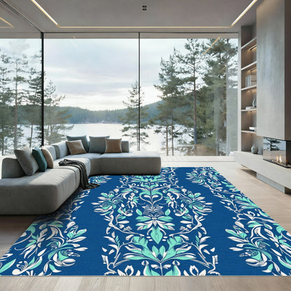 Classic Teal White Damask Floral Rug