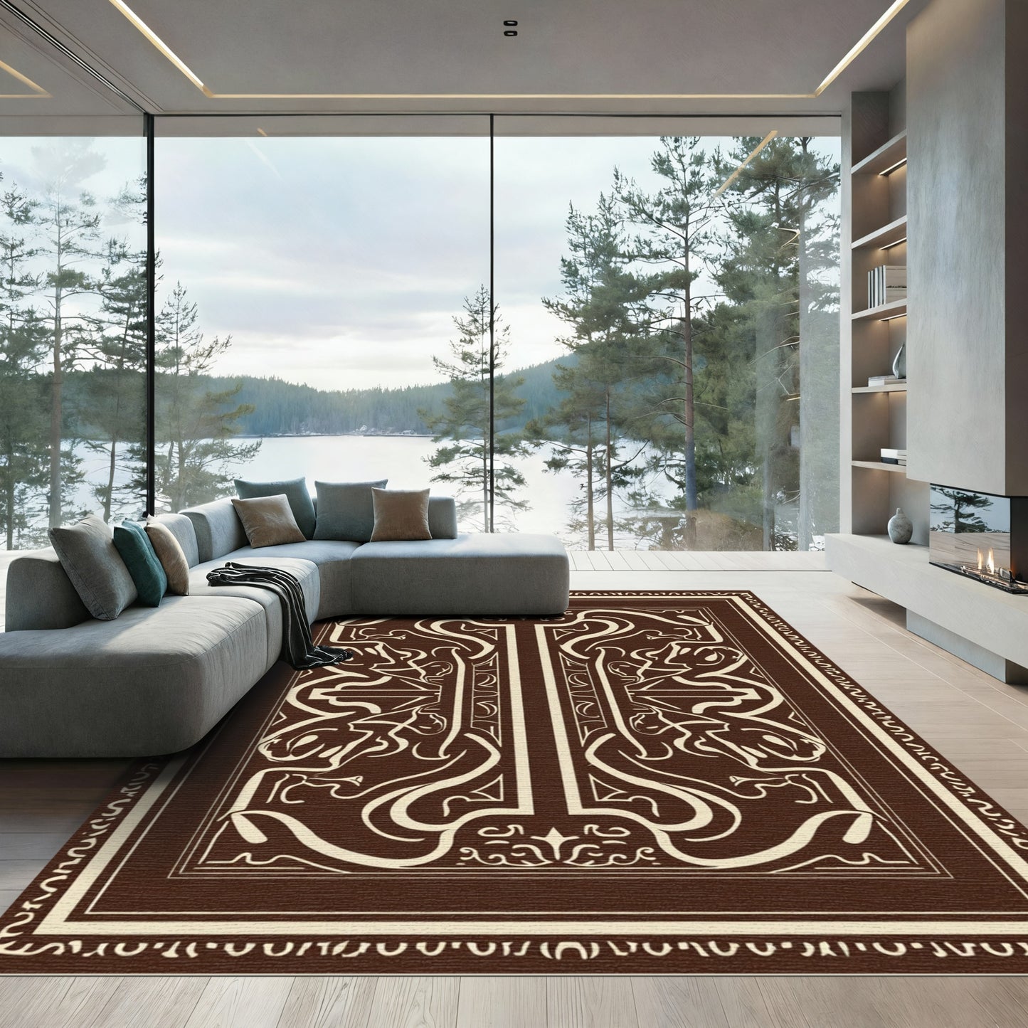Rich Brown Ivory Ornamental Symmetry Rug