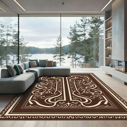 Rich Brown Ivory Ornamental Symmetry Rug