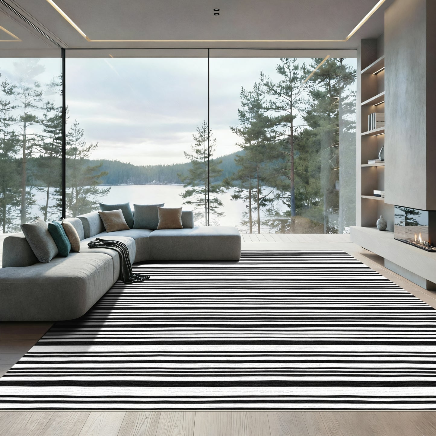 Black White Uneven Stripe Rug