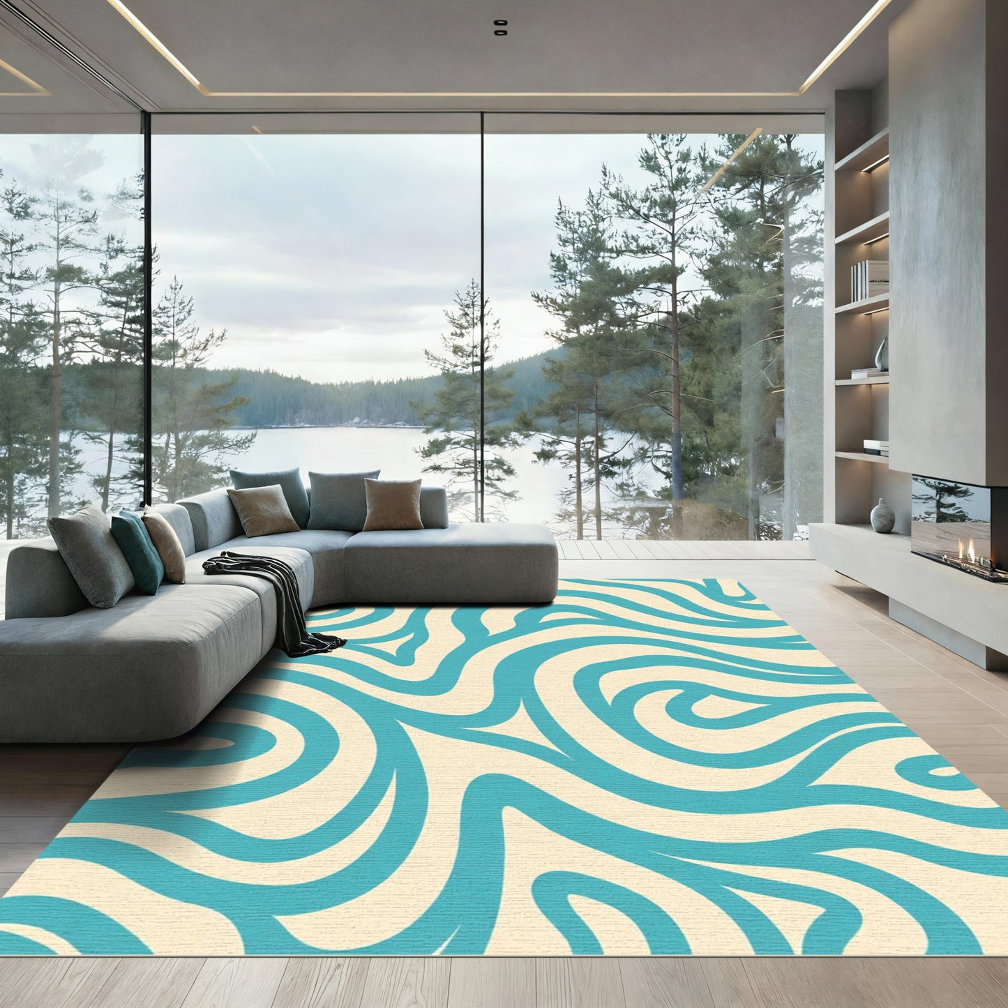 Turquoise Cream Swirl Abstraction Rug