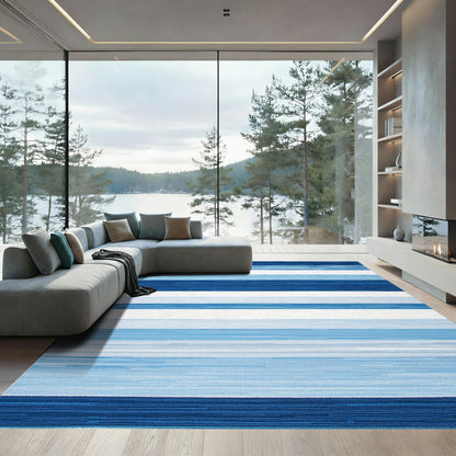 Navy Blue White Striped Rug