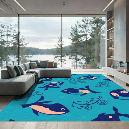 Ocean Blue Fish Swirls Rug