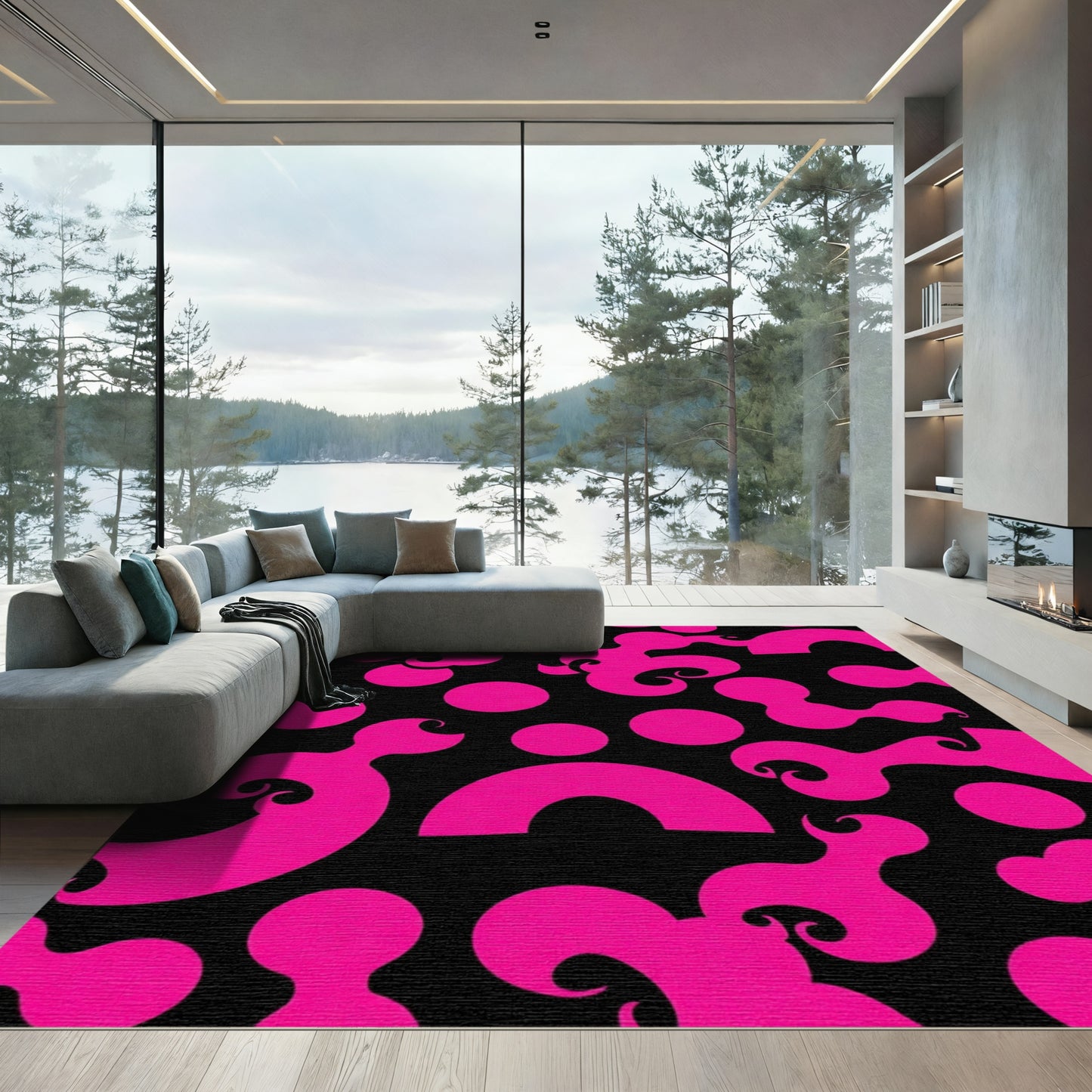 Bright Pink Amoeba Swirls Black Rug