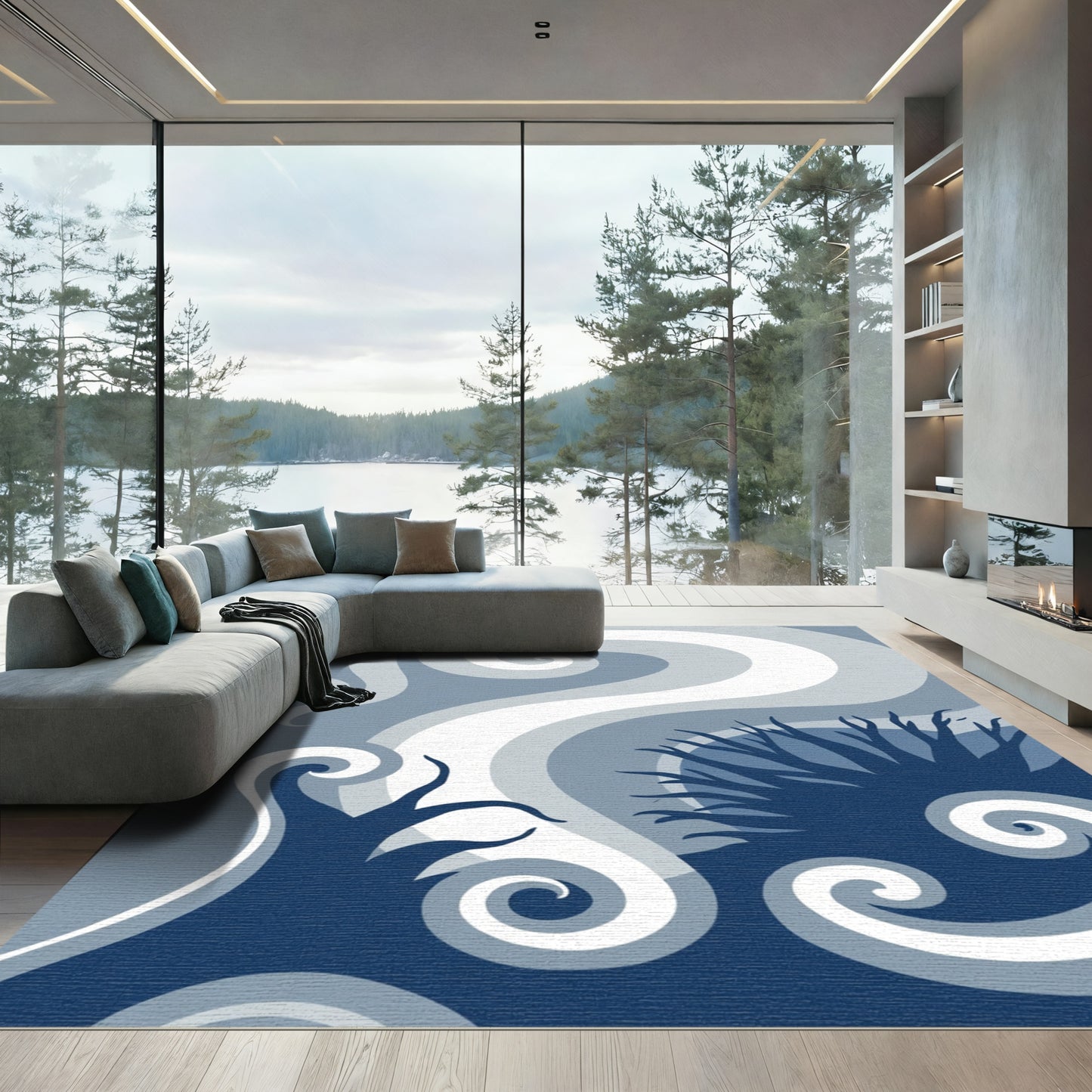 Deep Blue Swirl Abstract Waves Rug