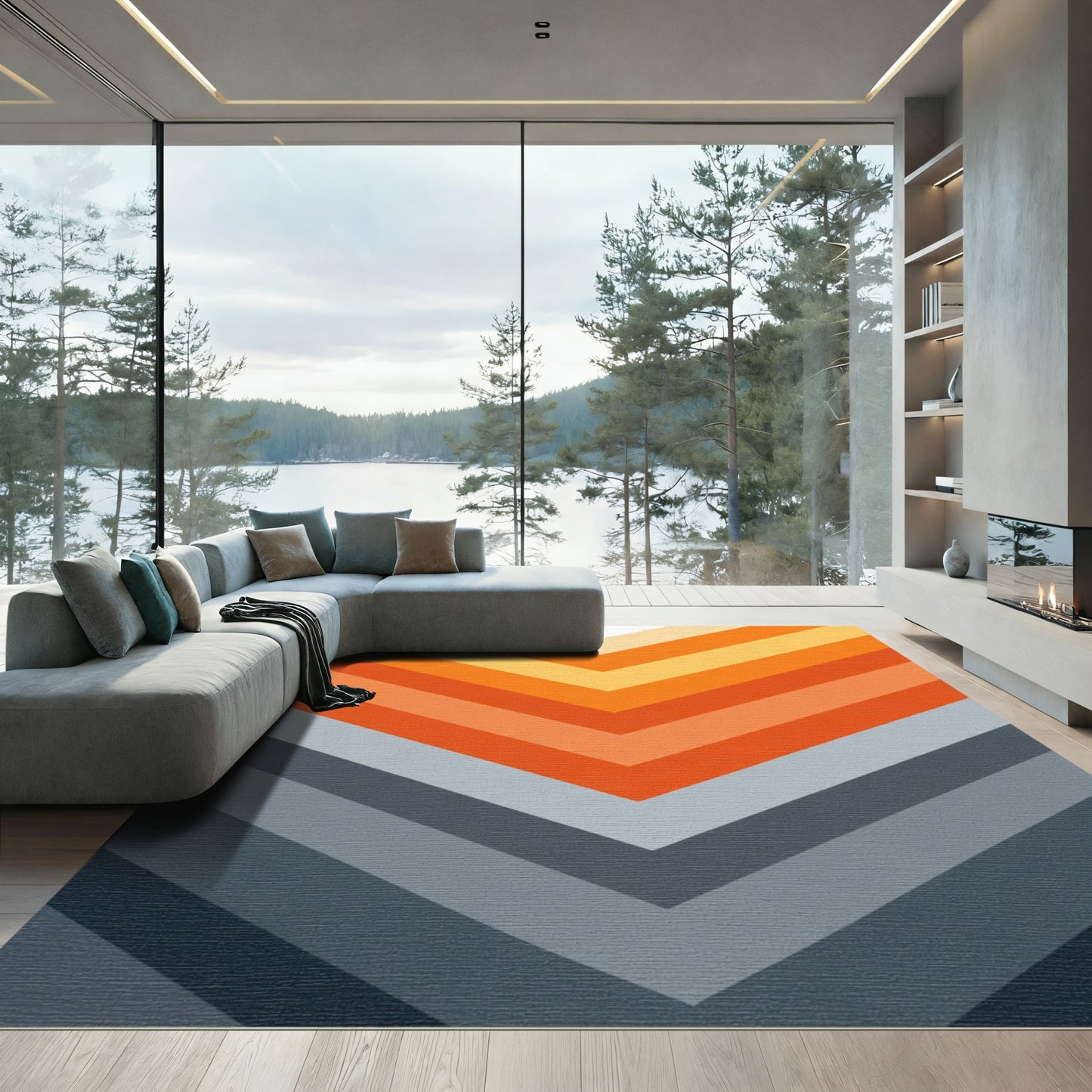 Modern Orange Gray Chevron Rug