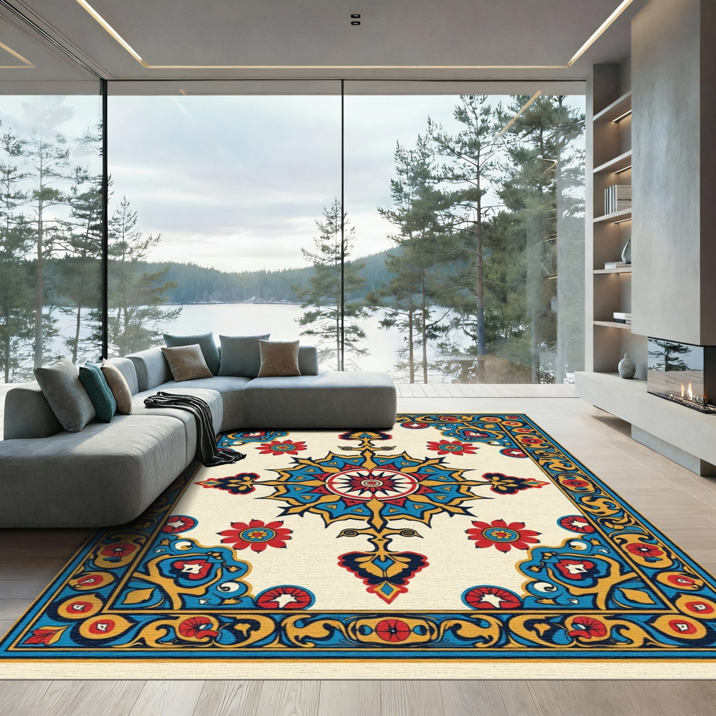 Vibrant Red Blue Golden Floral Medallion Rug