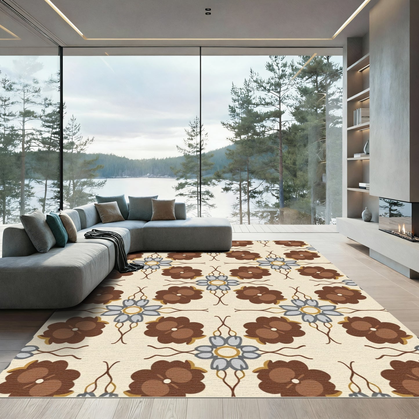 Brown Blue Floral Medallion Cream Rug