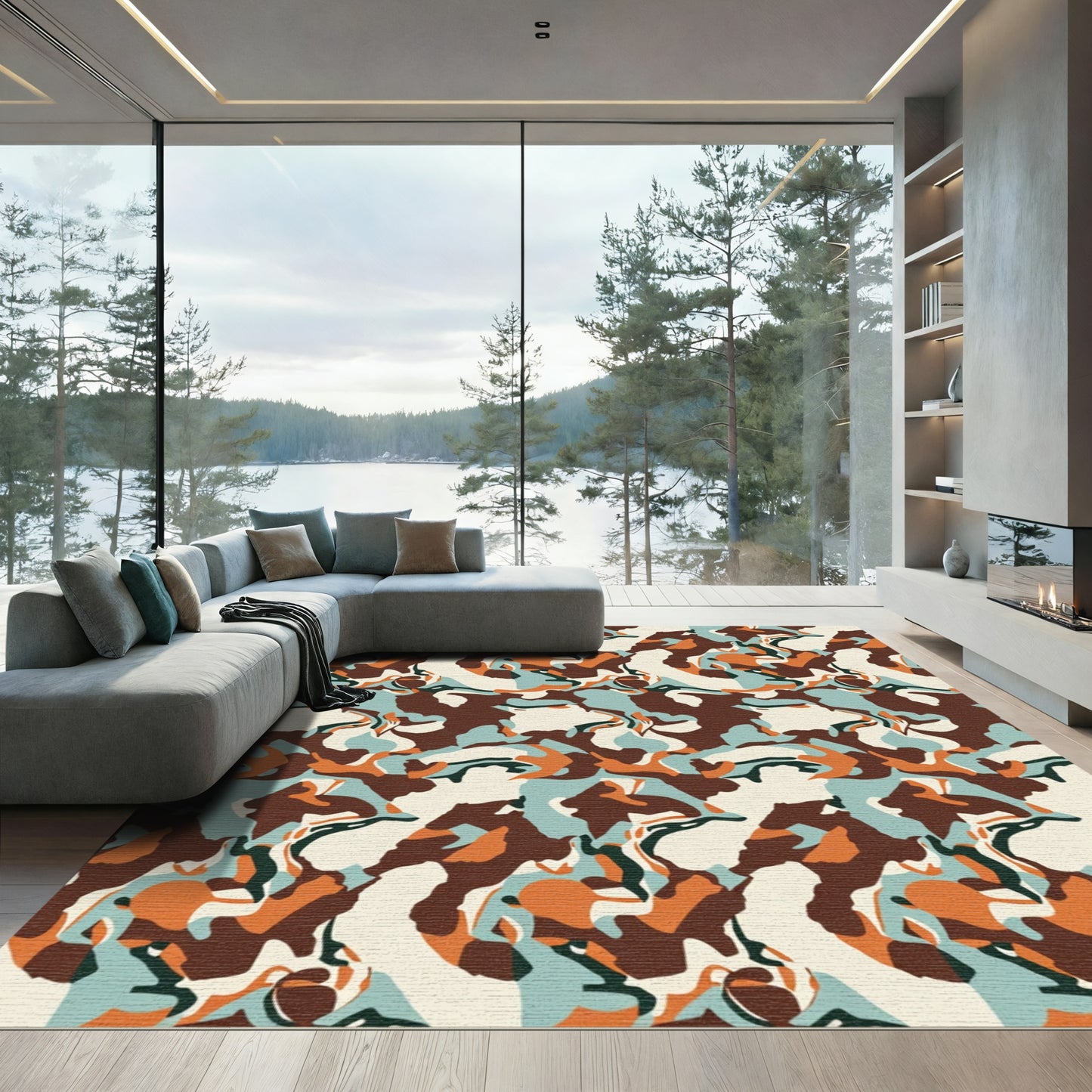 Camouflage Pattern Brown Teal Orange Rug