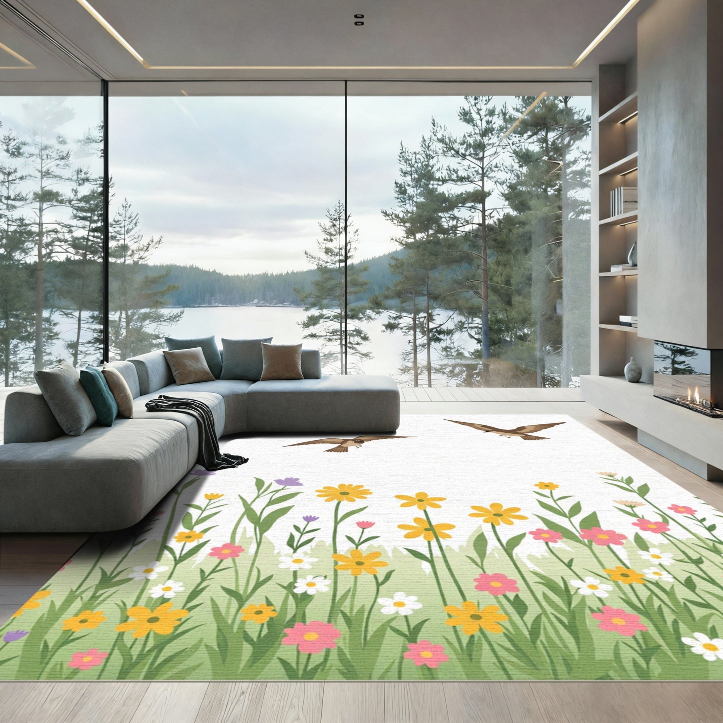 Brown Birds Over Colorful Spring Meadow Rug