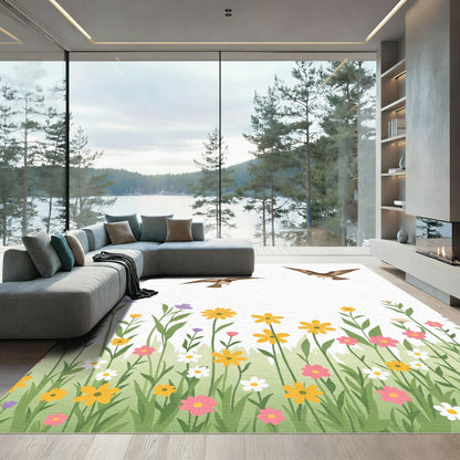 Brown Birds Over Colorful Spring Meadow Rug