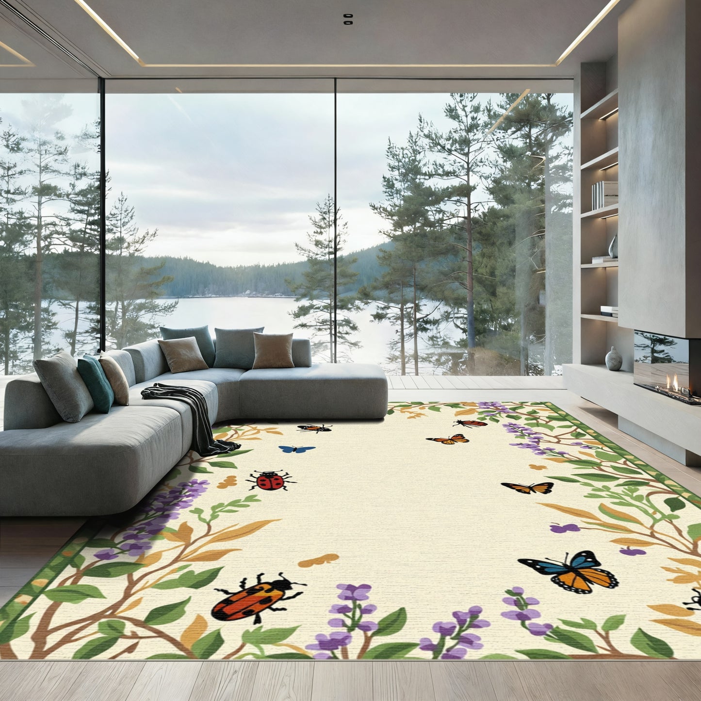 Whimsical Garden Butterfly Ladybug Border Rug