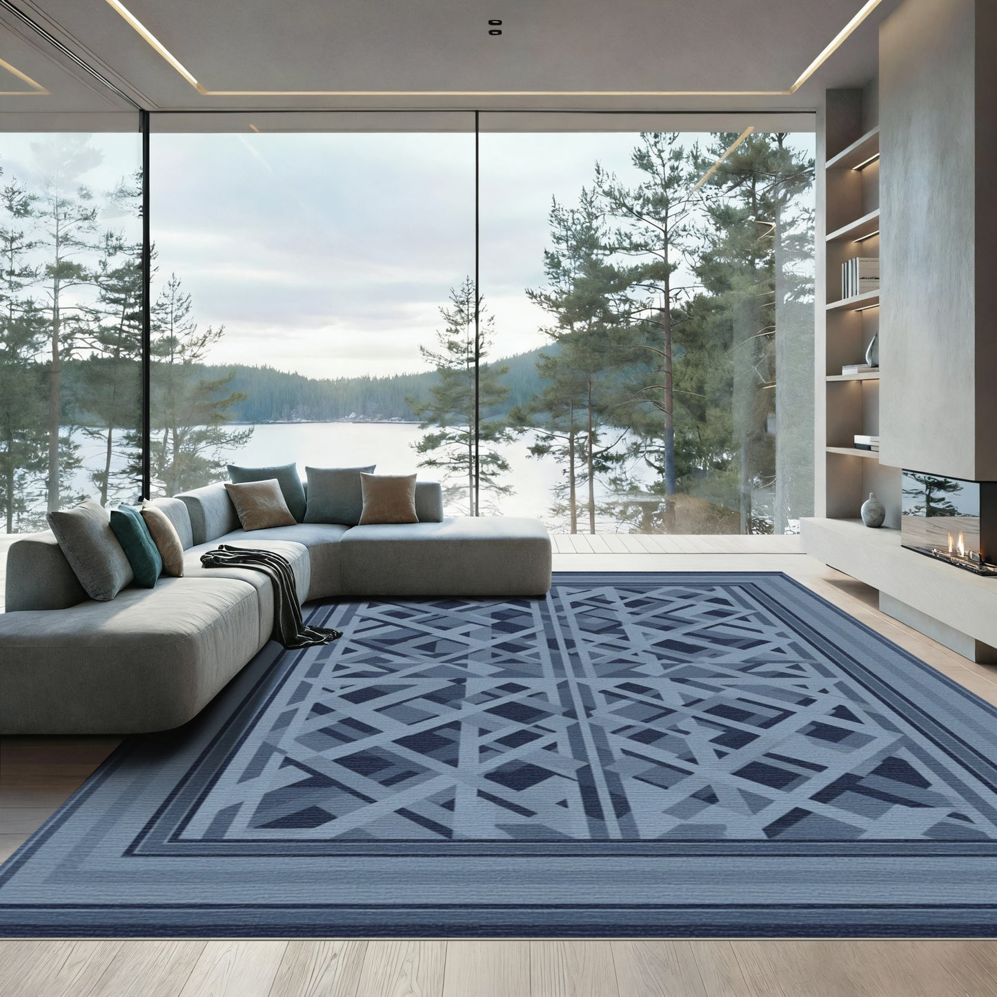 Abstract Blue Geometric Interlock Rectangles Rug