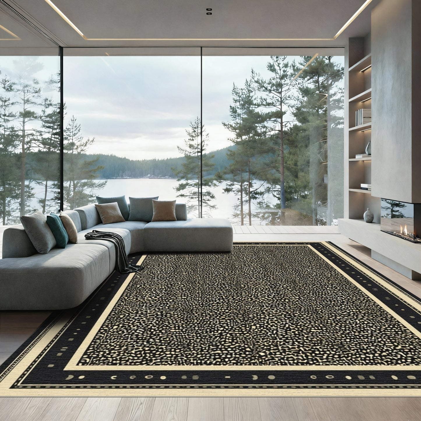 Abstract Speckled Black Ivory Border Rug
