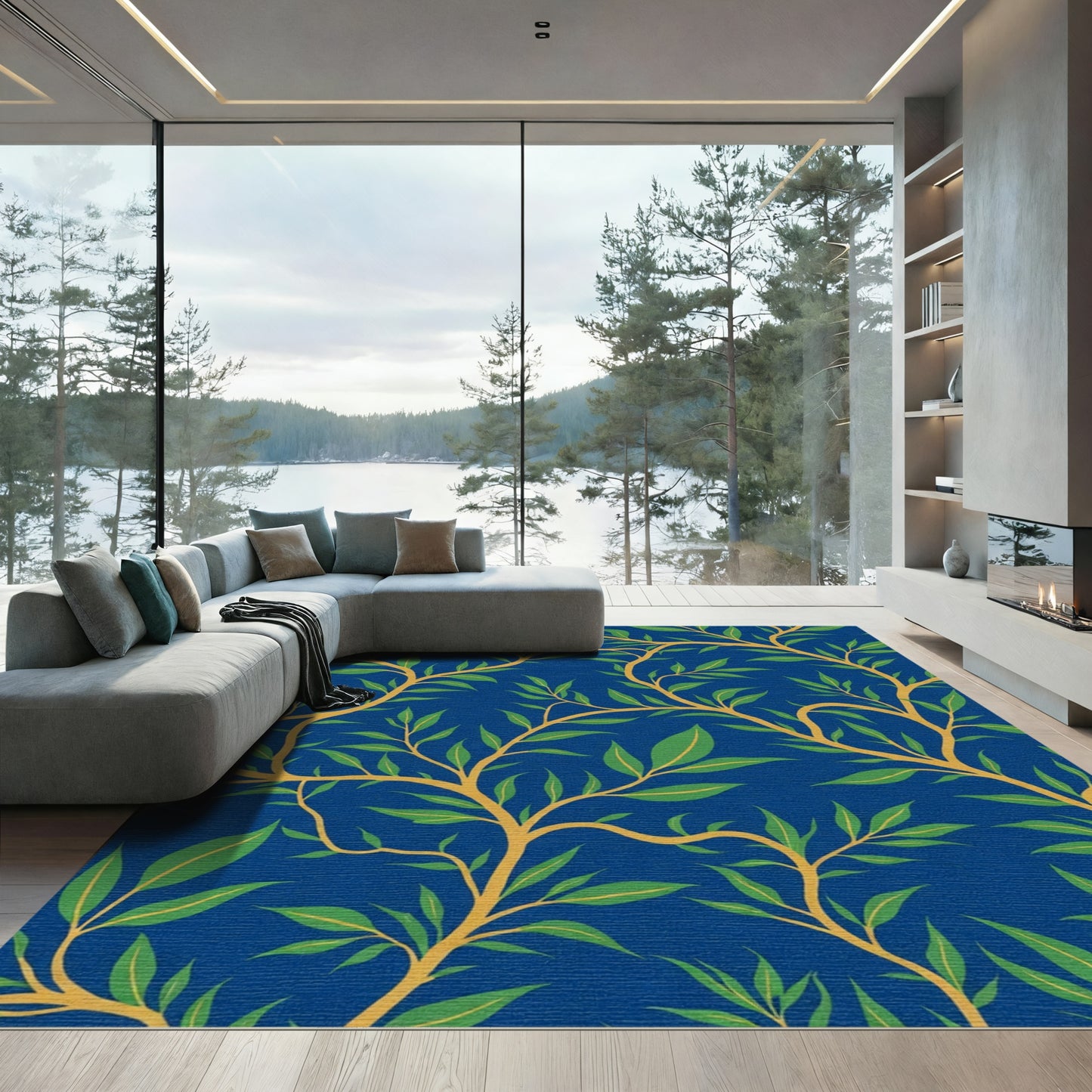 Deep Blue Jade Leaf Vine Rug