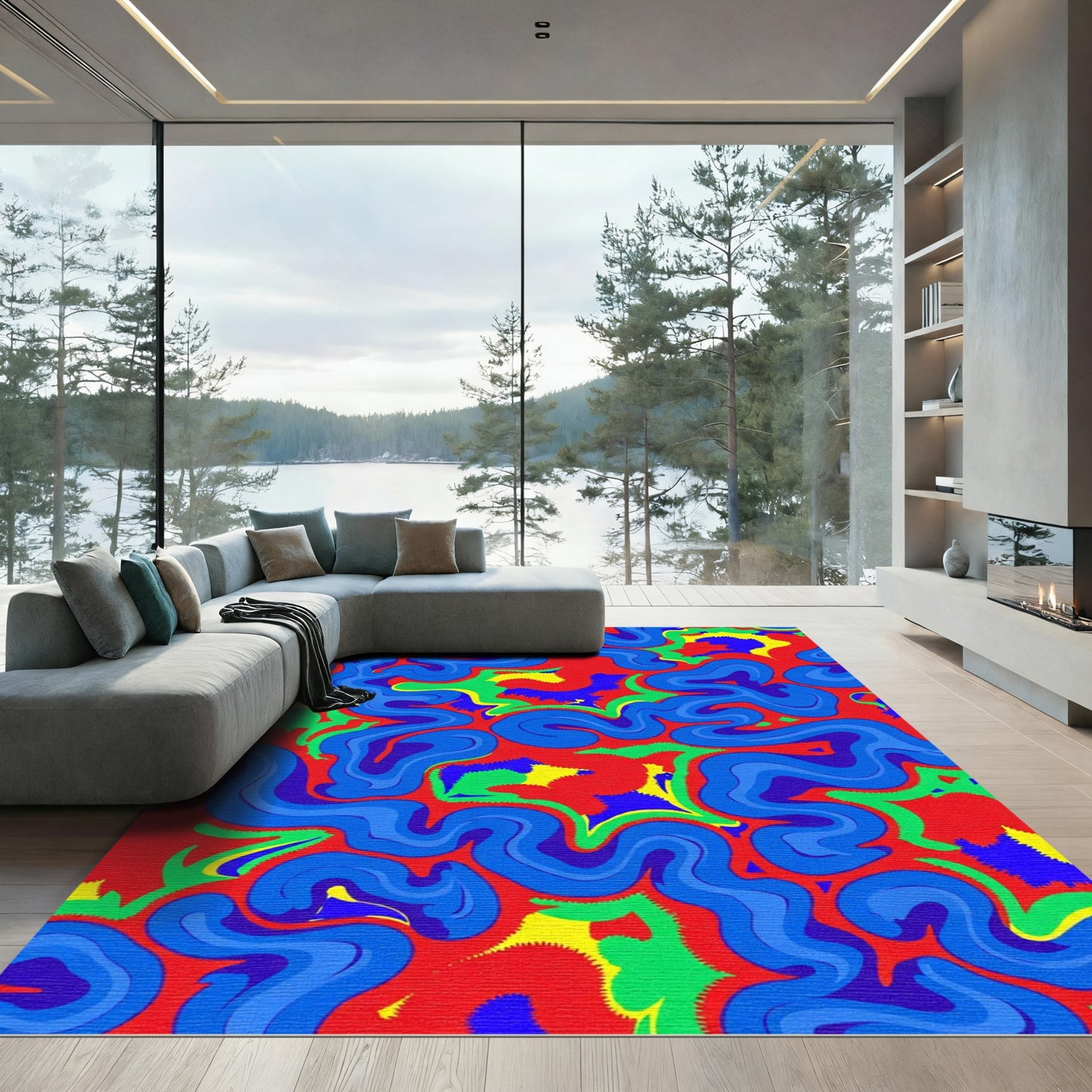 Vibrant Red Swirling Abstract Waves Rug