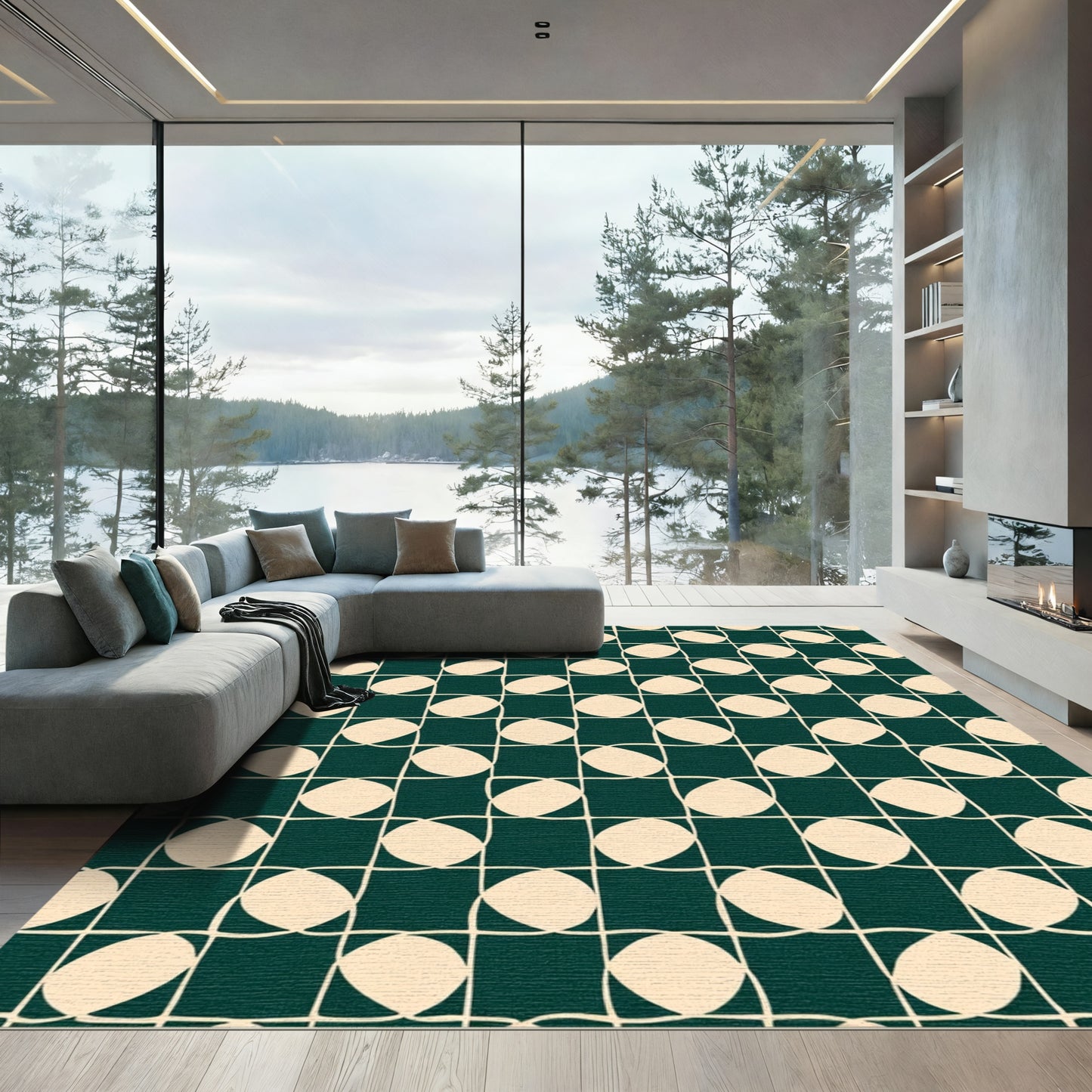 Deep Teal Cream Geo Circles Rug