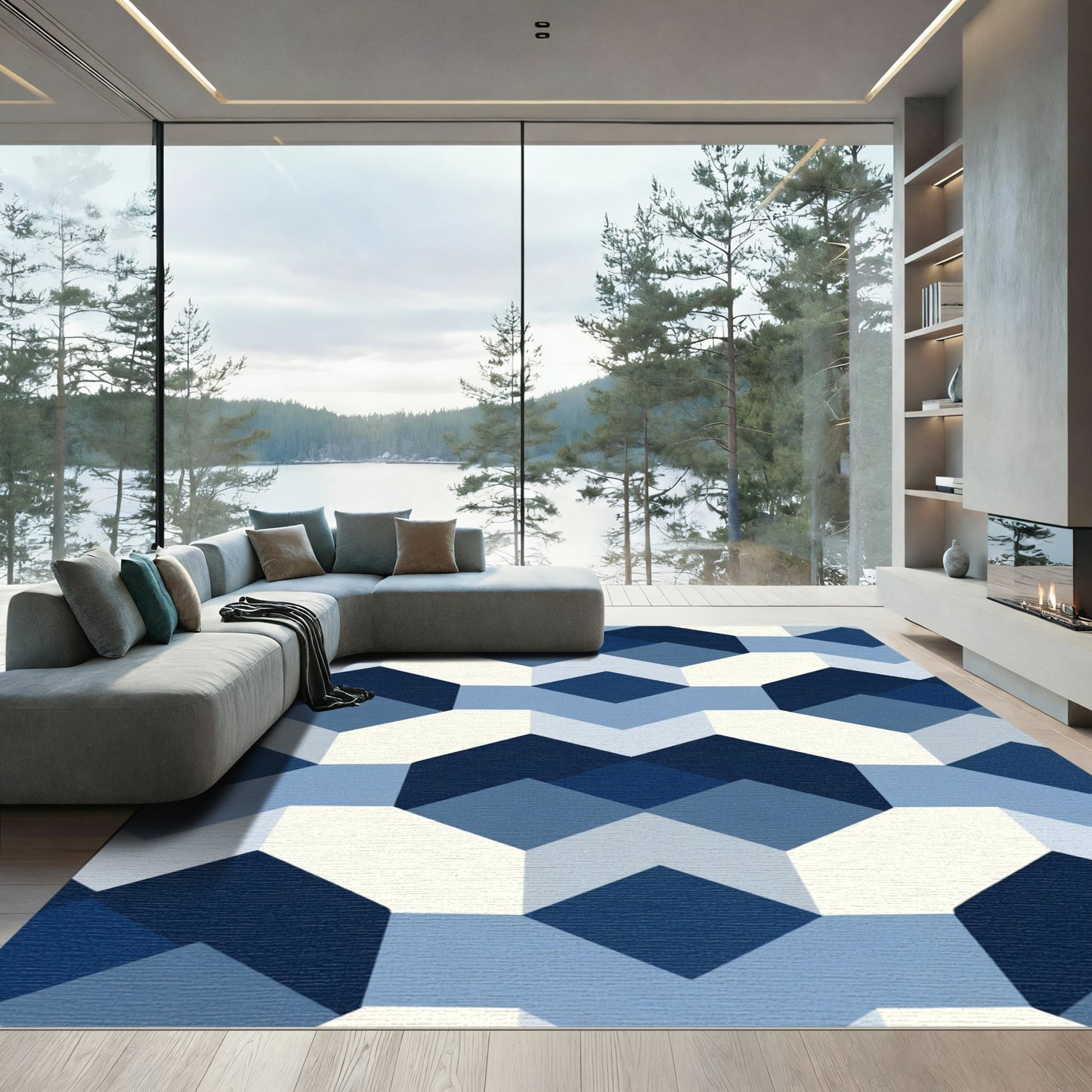 Geometric Blue White Hexagonal Diamonds Rug