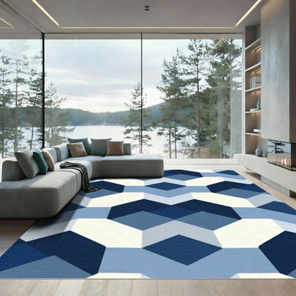 Geometric Blue White Hexagonal Diamonds Rug