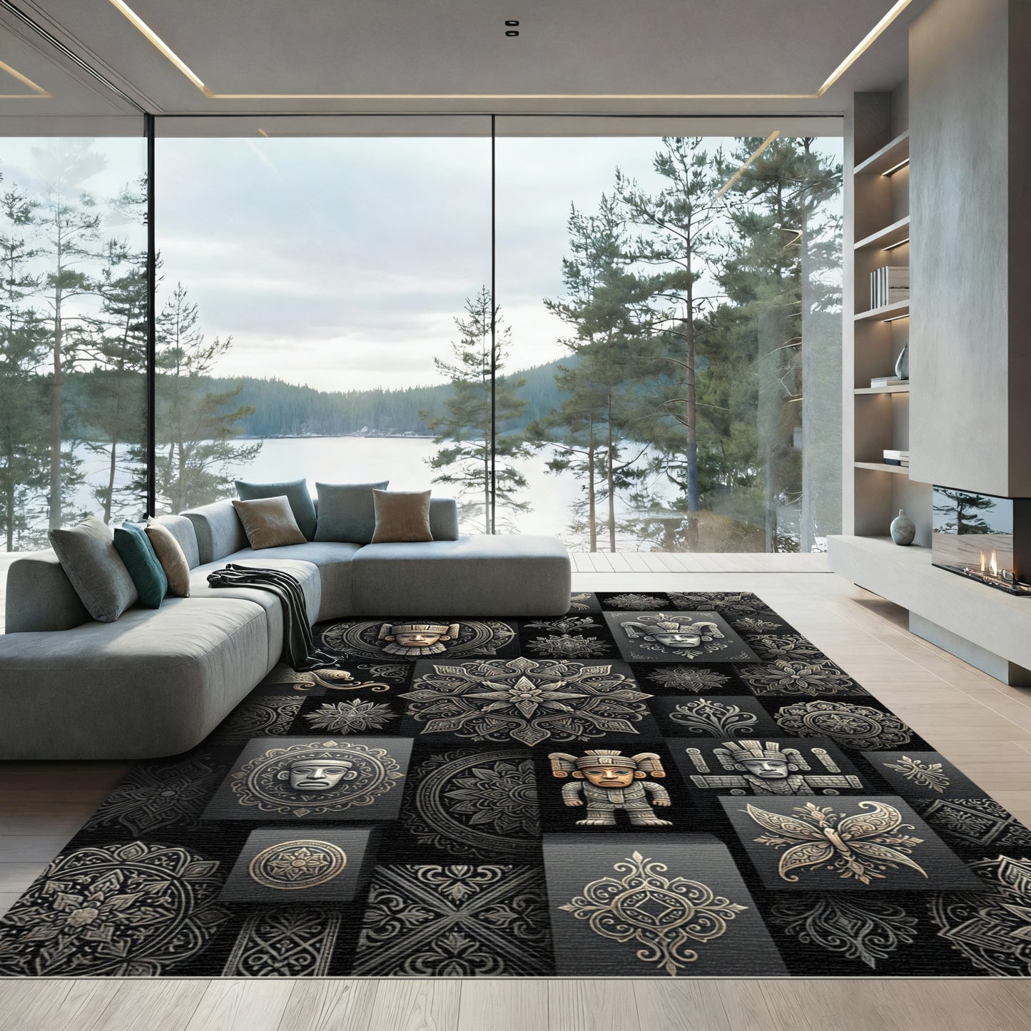 Ornate Tribal Mask Mandala Butterfly Relief Rug