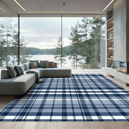 Classic Blue White Plaid Lines Rug