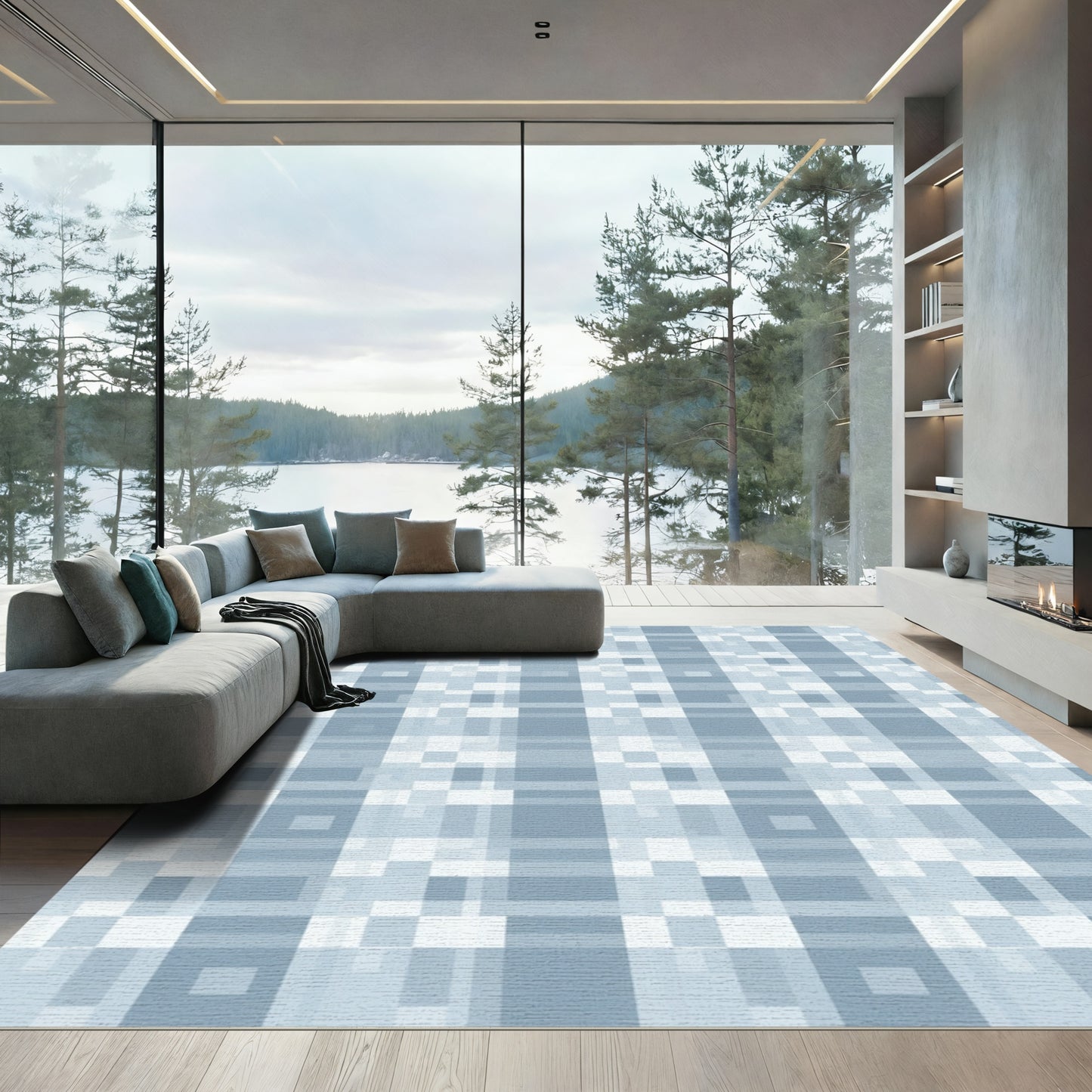 Soft Blue Plaid Geometric Squares Rug