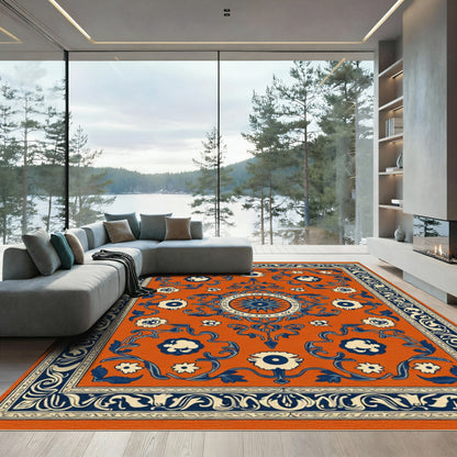 Orange Indigo Floral Medallion Statement Rug