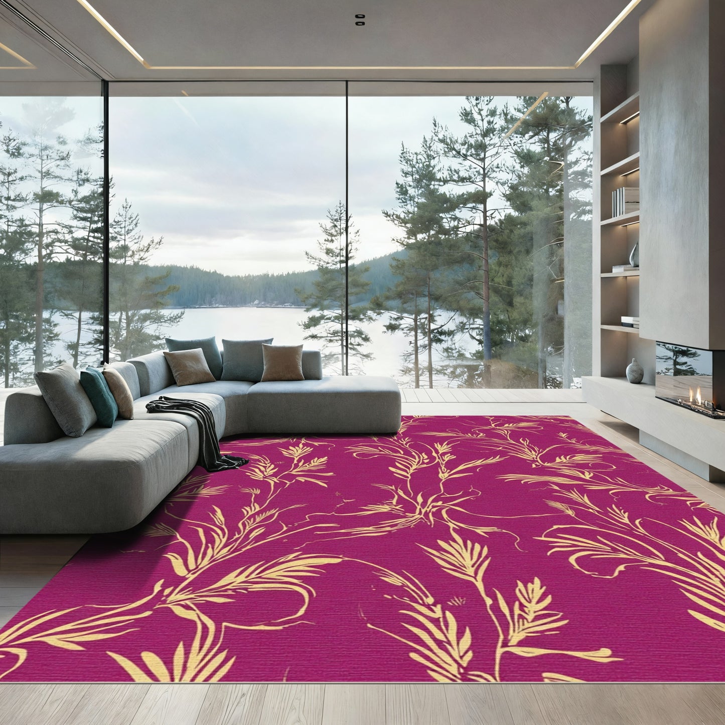 Vibrant Magenta Golden Botanical Vines Rug