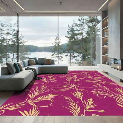 Vibrant Magenta Golden Botanical Vines Rug