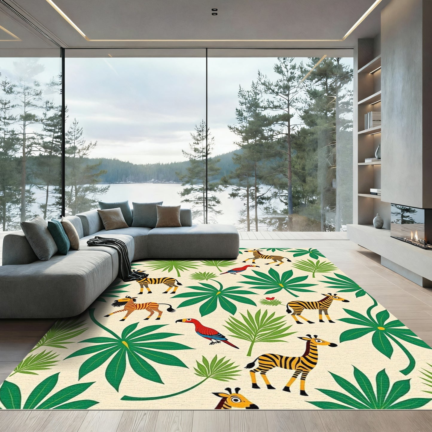 Whimsical Zebra Parrot Jungle Foliage Rug