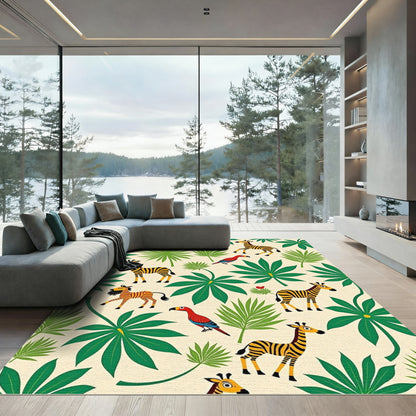 Whimsical Zebra Parrot Jungle Foliage Rug