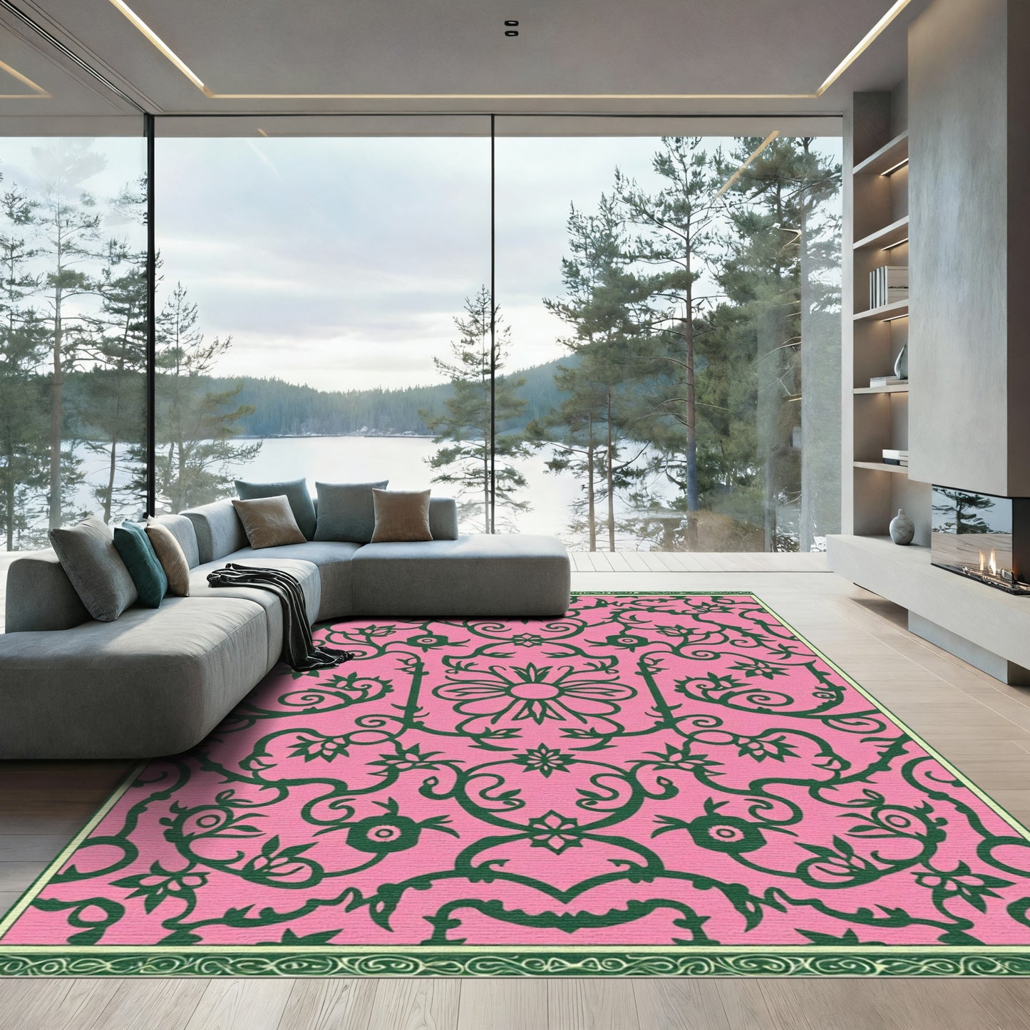 Ornate Pink Green Floral Swirl Rug