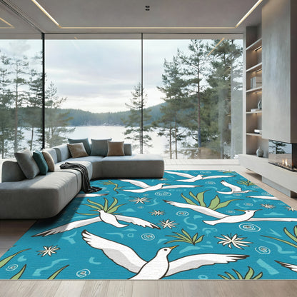 Flying White Seagulls Aquatic Swirls Rug