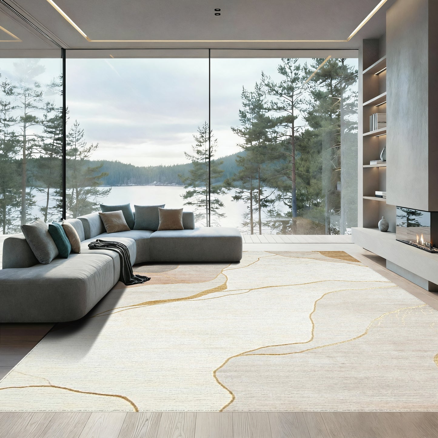 Neutral Gold Fluid Abstract Rug